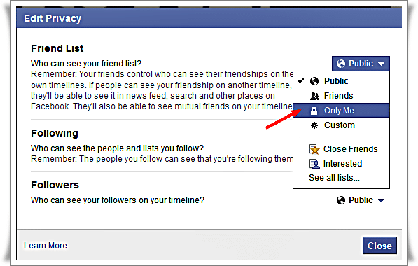 Hide Facebook friend list from other - select only me