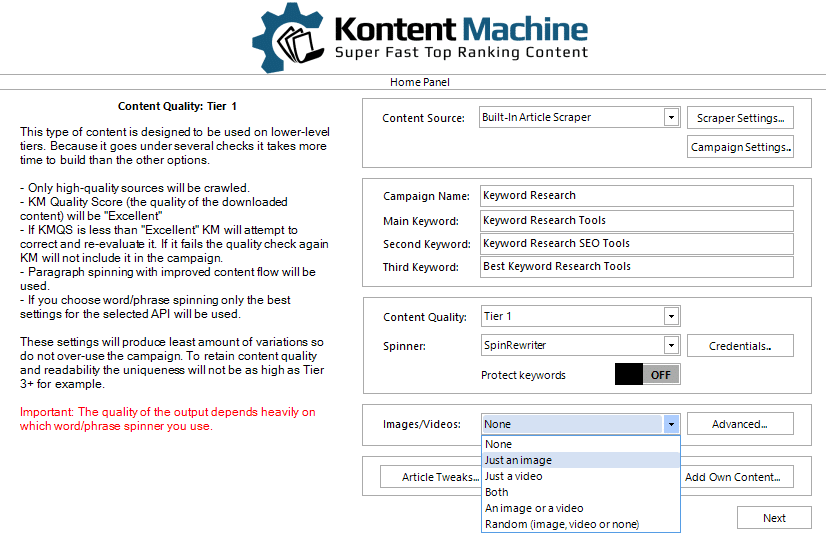 Kontent Machine Review - Images-Video Setting