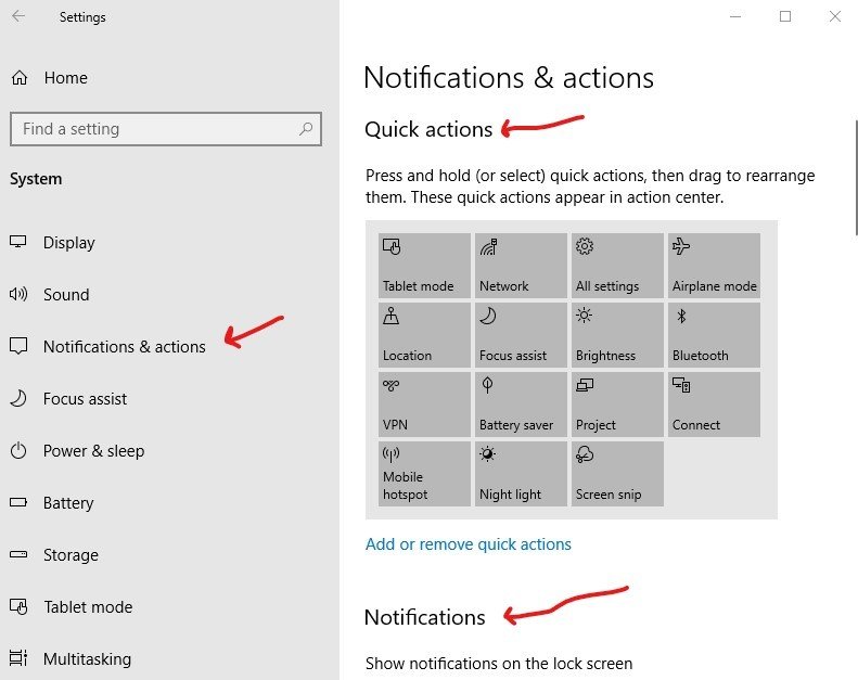 quick actions windows 10