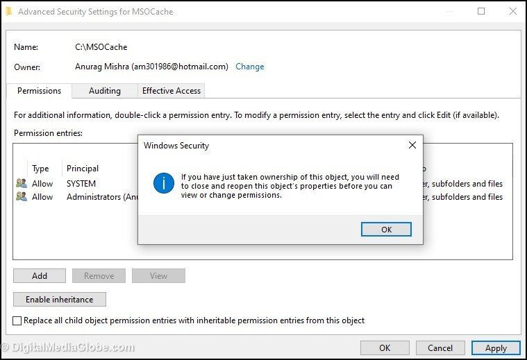 Advanced Security Settings for MSOCache Windows Security message 6