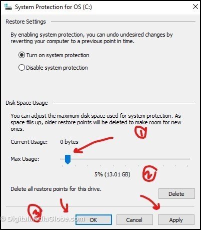 Manage disk space for System Restore in Windows 4(d)