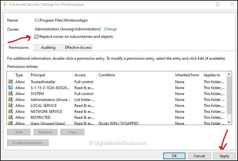 Query 1 - Advanced Security Settings for WindowsApps 7(a)