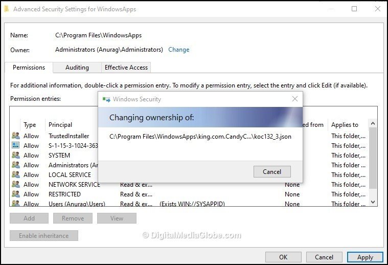 Query 1 - Advanced Security Settings for WindowsApps 7(b)