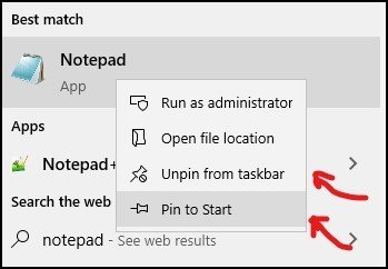 put notepad on Taskbar and Start 6