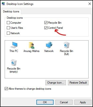 Control panel desktop shortcut 2