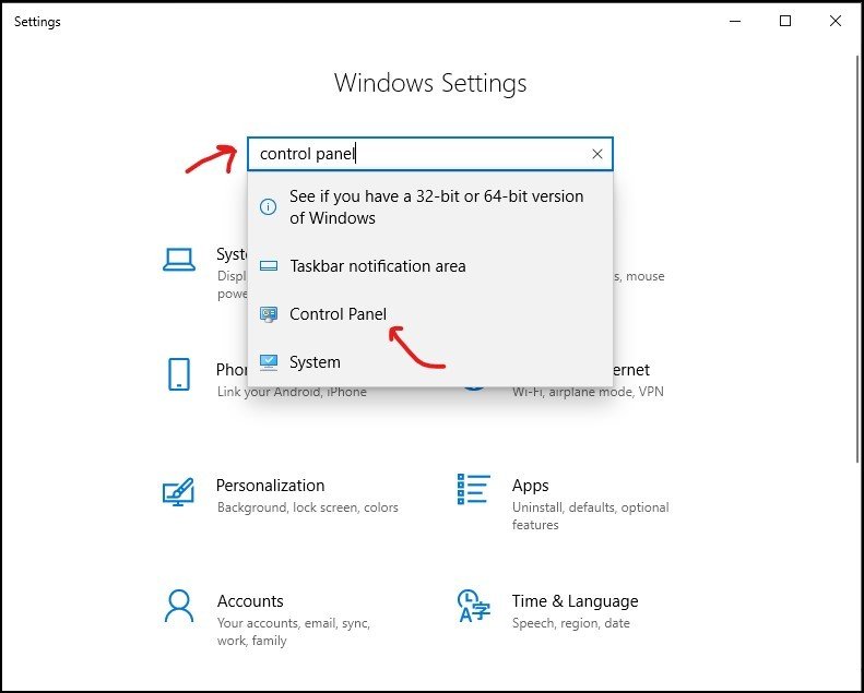 Open control panel using Windows setting