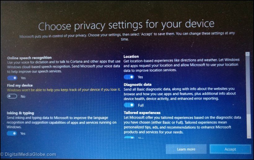 Choose privacy settings for your device add Microsoft account