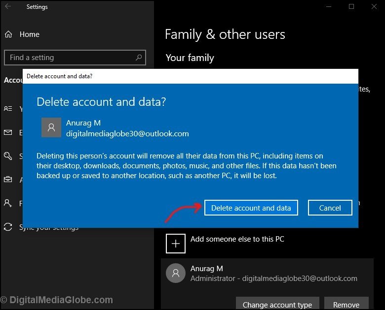 Delete account and data remove Microsoft account