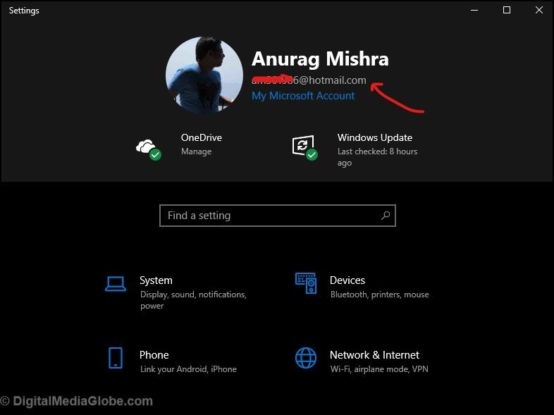 Setting in WIndows 10 for Microsoft account