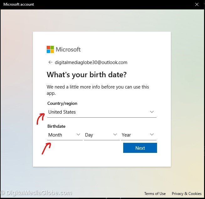 Type in Country name and DOB to create Microsoft email address