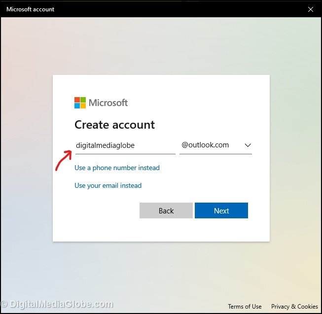 You have to type in new email address for creating Microsoft email address