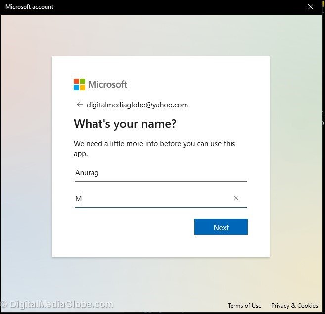 Type your name in create Microsoft account