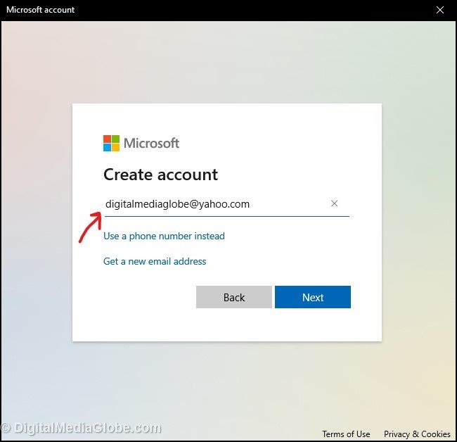 Use existing gmail or yahoo email address to create Microsoft account
