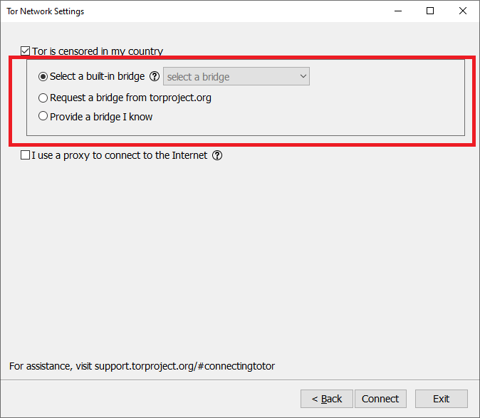Tor network setting select a build in bridge