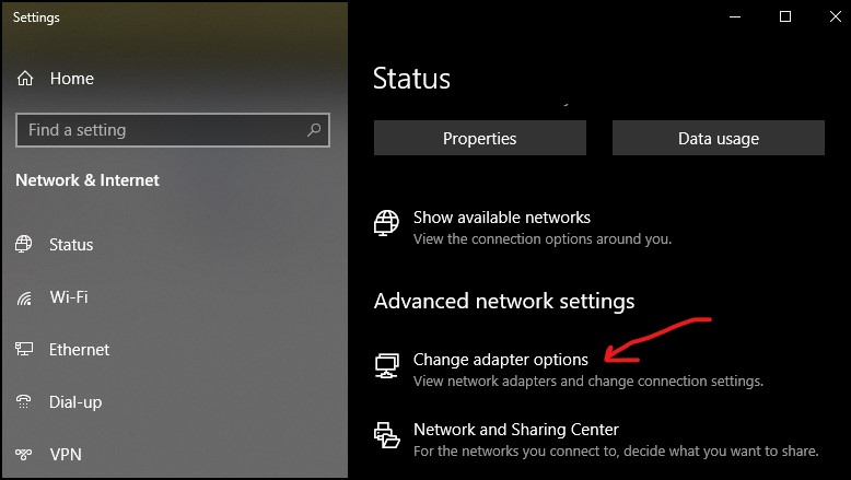 Change adapter options in Windows 10