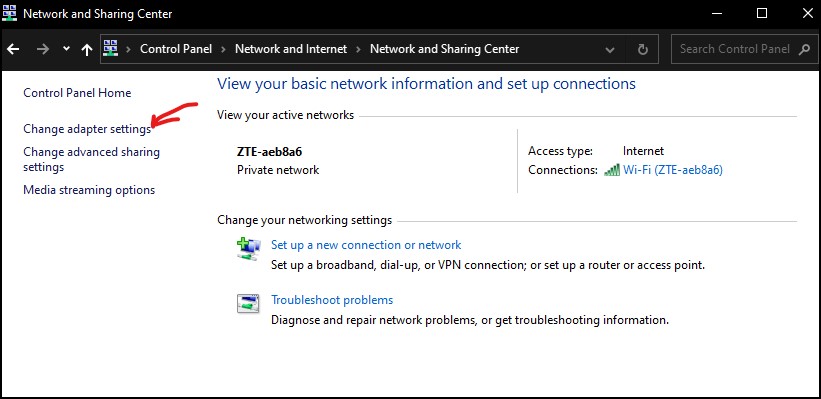 Change adapter setting in Windows 7