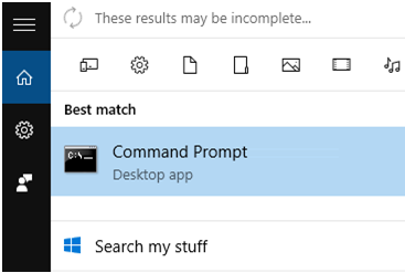 Command prompt in search in windows 10