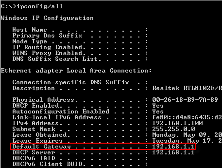 Default Gateway in windows 7