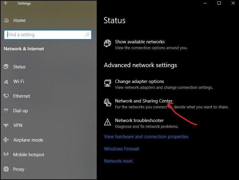 Network and Sharing Center in Windows 10