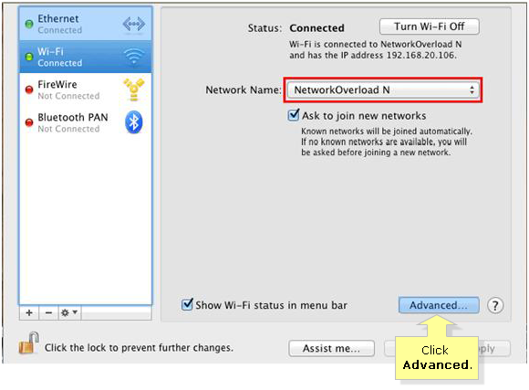 Network name and advanced button in Mac OS