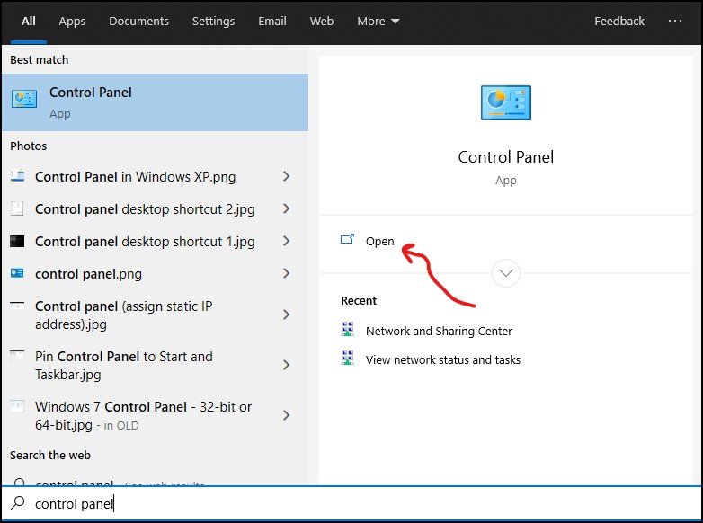 Open Control panel in Windows 10