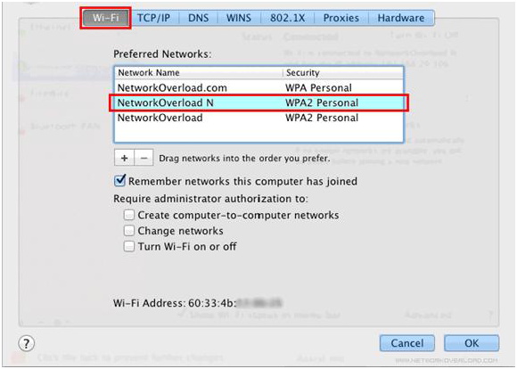 Preferred network section in Mac OS