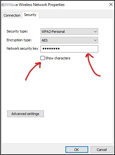Security tab in wireless network properties in windows 10