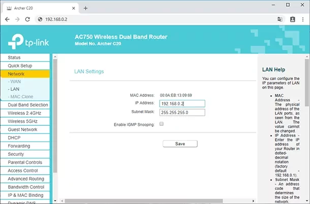 Changing IP address in the secondary router