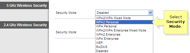 Security mode WPA2 personal