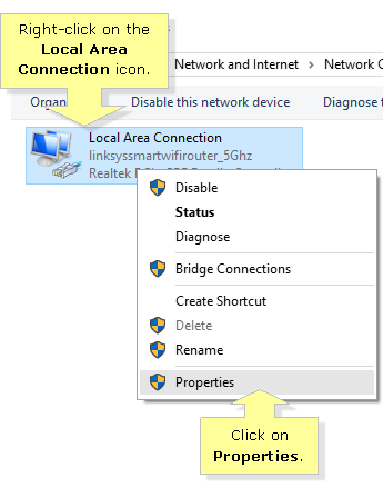 Windows 10 Local Area Network and then properties