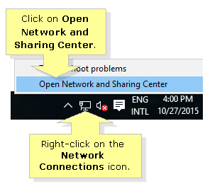Windows 10 Open Network and Sharing Center