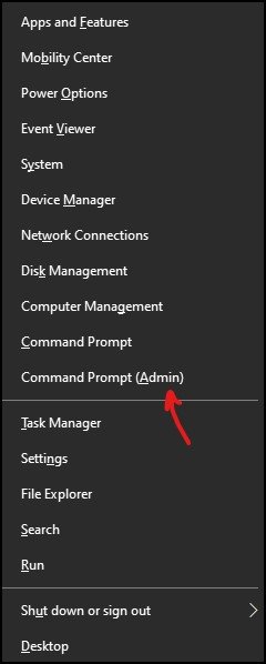 Windows 10 command prompt using power start menu