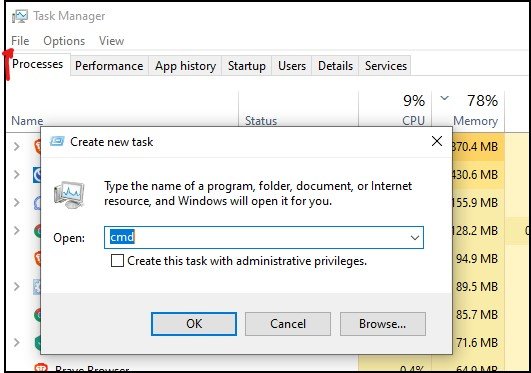Windows 10 command prompt using task manager