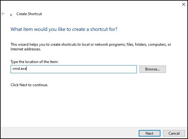 Windows 10 create shortcut for command prompt cmd exe