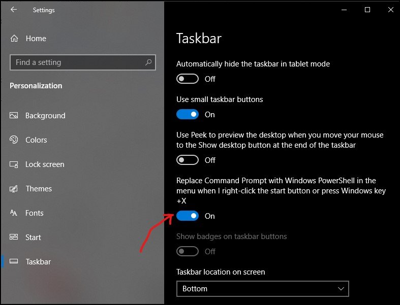 Windows 10 settings taskbar