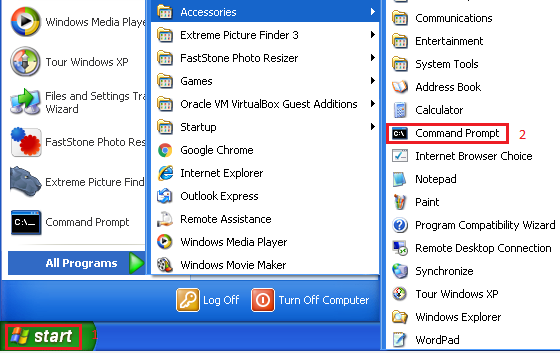 Windows XP start accessories command prompt