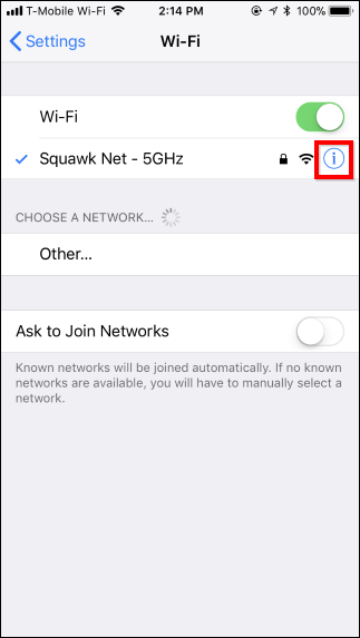 select wfi in iphone or ipad