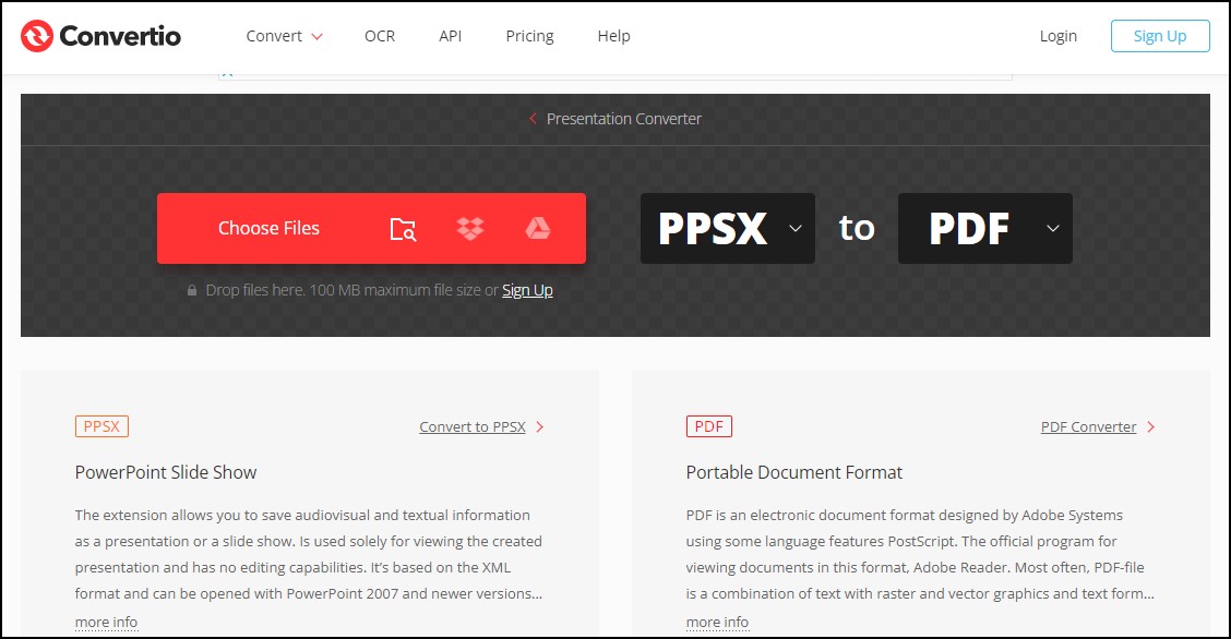 Convertio online tool PPSX to PDF