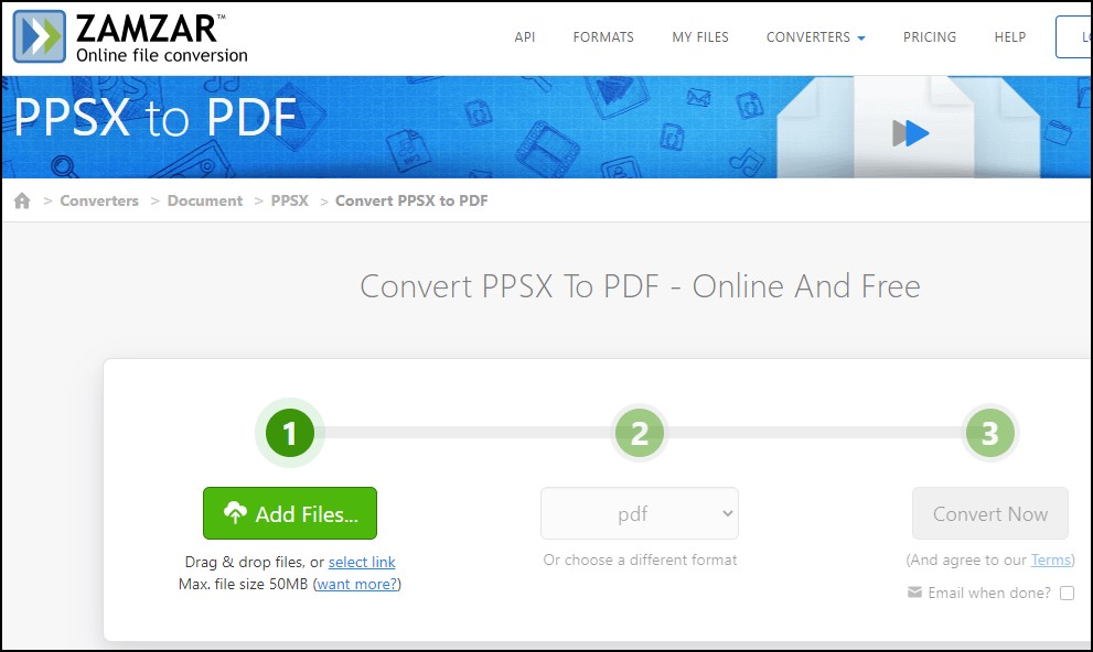Zamzar PPSX to PDF conversion