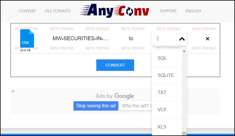 AnyConv select file format for conversion