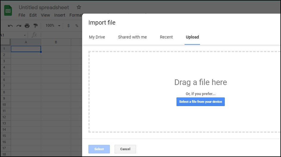 Google sheets import file by uploading