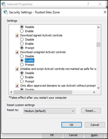 Trusted site zone security settings