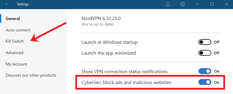 NordVPN CyberSec feature turned on