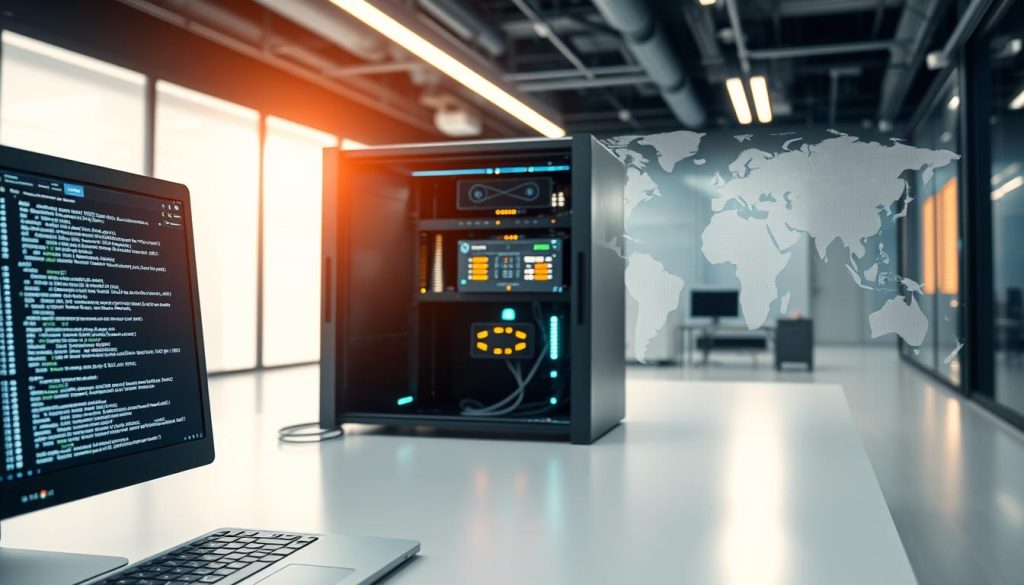 A close-up of a digital representation of an open proxy server, set in a sleek, modern office environment. In the foreground, a computer screen displays code and network activity, indicating data flow through the proxy server. The middle layer shows a sleek server rack with blinking lights and cables integrated into the design. The background portrays a high-tech workspace with abstract digital elements and a faint map of the internet overlay, suggesting connectivity. The lighting is bright and focused on the screen, creating a professional atmosphere. The composition emphasizes clarity and organization, reflecting reliability and technological sophistication. The scene conveys a sense of innovation and efficiency in the world of digital networking. A close-up of a digital representation of an open proxy server, set in a sleek, modern office environment. In the foreground, a computer screen displays code and network activity, indicating data flow through the proxy server. The middle layer shows a sleek server rack with blinking lights and cables integrated into the design. The background portrays a high-tech workspace with abstract digital elements and a faint map of the internet overlay, suggesting connectivity. The lighting is bright and focused on the screen, creating a professional atmosphere. The composition emphasizes clarity and organization, reflecting reliability and technological sophistication. The scene conveys a sense of innovation and efficiency in the world of digital networking.