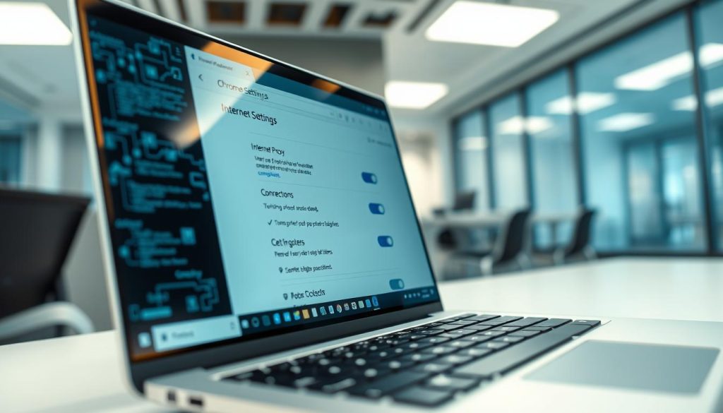 A close-up view of a computer screen displaying the Chrome proxy settings interface, showcasing various configuration options in sharp detail. In the foreground, a sleek laptop with a clear display screen is open, with vibrant icons related to internet settings. The middle ground includes subtle reflections of digital code and network diagrams, illustrating the technical nature of proxy connections. The background is a softly blurred modern office environment, exuding a professional and tech-savvy atmosphere, with cool blue and gray tones. The lighting is bright and focused, highlighting the laptop screen prominently while maintaining an overall clean and organized mood. The scene should evoke a sense of clarity and understanding. A close-up view of a computer screen displaying the Chrome proxy settings interface, showcasing various configuration options in sharp detail. In the foreground, a sleek laptop with a clear display screen is open, with vibrant icons related to internet settings. The middle ground includes subtle reflections of digital code and network diagrams, illustrating the technical nature of proxy connections. The background is a softly blurred modern office environment, exuding a professional and tech-savvy atmosphere, with cool blue and gray tones. The lighting is bright and focused, highlighting the laptop screen prominently while maintaining an overall clean and organized mood. The scene should evoke a sense of clarity and understanding.