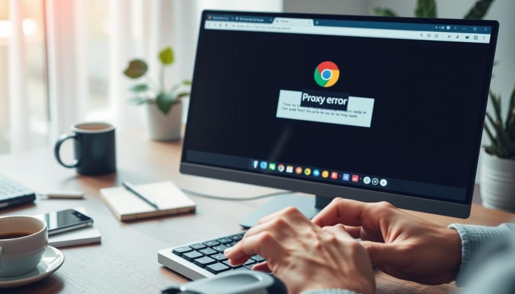A close-up view of a computer screen displaying the Google Chrome browser with a clear "Proxy Error" message. In the foreground, a pair of hands operating a keyboard, possibly a user in a business casual outfit, appears focused on troubleshooting the issue. The middle ground shows a detailed and organized workspace, including a smartphone, notepad, and a cup of coffee, all reflecting a professional atmosphere. In the background, soft natural lighting filters through a window, creating a calming environment. The image should suggest a mood of determination and problem-solving, with a clean, modern aesthetic, emphasizing technology and efficiency, suitable for a tech troubleshooting guide. A close-up view of a computer screen displaying the Google Chrome browser with a clear "Proxy Error" message. In the foreground, a pair of hands operating a keyboard, possibly a user in a business casual outfit, appears focused on troubleshooting the issue. The middle ground shows a detailed and organized workspace, including a smartphone, notepad, and a cup of coffee, all reflecting a professional atmosphere. In the background, soft natural lighting filters through a window, creating a calming environment. The image should suggest a mood of determination and problem-solving, with a clean, modern aesthetic, emphasizing technology and efficiency, suitable for a tech troubleshooting guide.