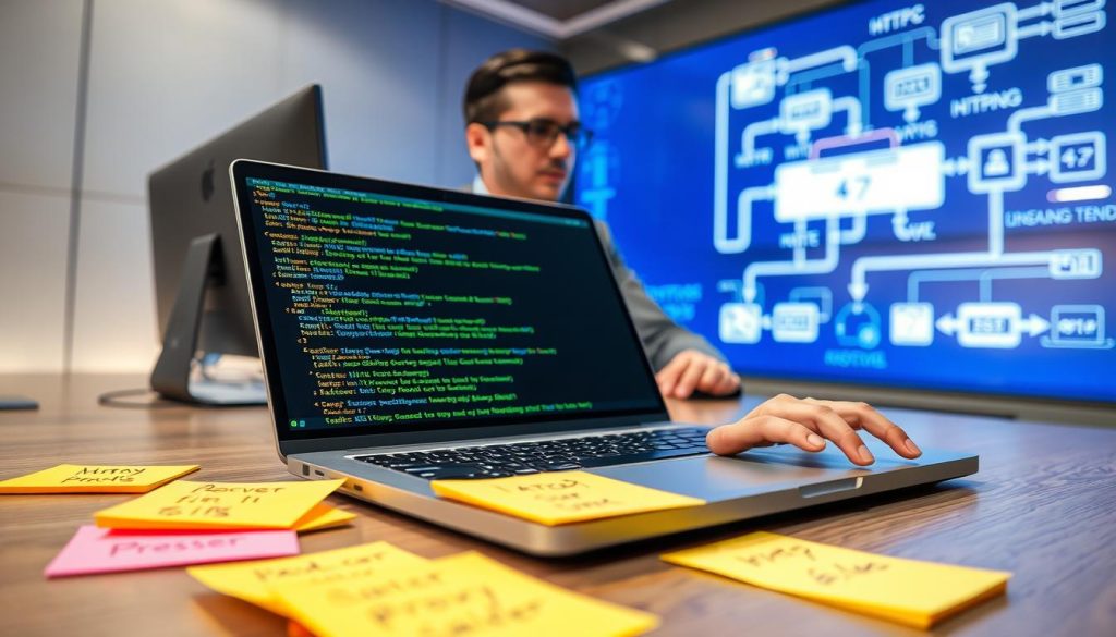 A close-up view of a sleek, modern computer desk setup featuring a high-end laptop with an open terminal window displaying code lines related to HTTP proxy configuration. In the foreground, a set of colorful sticky notes with handwritten proxy settings is scattered around the keyboard. The middle ground includes a professional-looking businessperson in business casual attire, focused on configuring the proxy settings, with a thoughtful expression and fingers poised over the laptop keys. In the background, a vibrant digital display on the wall showcases a graphical representation of data flow through proxy servers, illuminated with soft blue and green lighting. The atmosphere is one of innovation and productivity, with a focus on technology and connectivity. The image is captured from a slightly elevated angle, providing depth while maintaining clarity on the subject. A close-up view of a sleek, modern computer desk setup featuring a high-end laptop with an open terminal window displaying code lines related to HTTP proxy configuration. In the foreground, a set of colorful sticky notes with handwritten proxy settings is scattered around the keyboard. The middle ground includes a professional-looking businessperson in business casual attire, focused on configuring the proxy settings, with a thoughtful expression and fingers poised over the laptop keys. In the background, a vibrant digital display on the wall showcases a graphical representation of data flow through proxy servers, illuminated with soft blue and green lighting. The atmosphere is one of innovation and productivity, with a focus on technology and connectivity. The image is captured from a slightly elevated angle, providing depth while maintaining clarity on the subject.