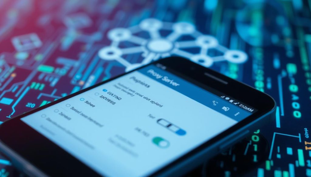 A close-up view of an Android smartphone displaying a complex proxy server configuration interface. In the foreground, the smartphone features a sleek design, showcasing the app settings with visible network parameters and toggle switches for proxy options. The middle layer includes a faint representation of a network diagram, illustrating the interaction between the Android device and a server, using dashed lines to depict connections. The background is a subtly blurred tech-themed environment with faint binary code and data streams, adding depth to the scene. Soft blue and green lighting enhances the technological atmosphere, evoking a sense of innovation. The overall mood feels focused and professional, ideal for a tech-savvy audience. A close-up view of an Android smartphone displaying a complex proxy server configuration interface. In the foreground, the smartphone features a sleek design, showcasing the app settings with visible network parameters and toggle switches for proxy options. The middle layer includes a faint representation of a network diagram, illustrating the interaction between the Android device and a server, using dashed lines to depict connections. The background is a subtly blurred tech-themed environment with faint binary code and data streams, adding depth to the scene. Soft blue and green lighting enhances the technological atmosphere, evoking a sense of innovation. The overall mood feels focused and professional, ideal for a tech-savvy audience.