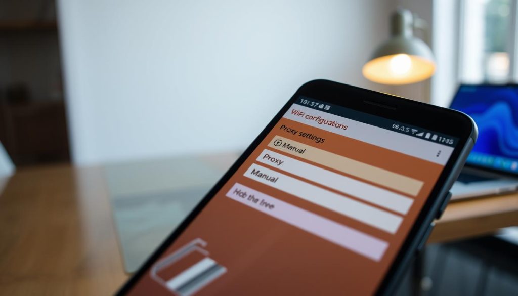 A close-up view of an Android smartphone displaying detailed proxy settings within its WiFi configuration interface. In the foreground, showcase the smartphone screen with vibrant colors highlighting key elements like "Proxy", "Manual", and input fields. The middle ground features an elegant, blurred background of a modern workspace with a laptop and a desk, providing a professional atmosphere. Soft, natural lighting illuminates the scene, creating a calm and focused mood. The angle is slightly tilted to offer a dynamic perspective of the device. No people are present, allowing for an unobstructed view of the settings menu, ensuring the image is clean and clear without any distractions. A close-up view of an Android smartphone displaying detailed proxy settings within its WiFi configuration interface. In the foreground, showcase the smartphone screen with vibrant colors highlighting key elements like "Proxy", "Manual", and input fields. The middle ground features an elegant, blurred background of a modern workspace with a laptop and a desk, providing a professional atmosphere. Soft, natural lighting illuminates the scene, creating a calm and focused mood. The angle is slightly tilted to offer a dynamic perspective of the device. No people are present, allowing for an unobstructed view of the settings menu, ensuring the image is clean and clear without any distractions.