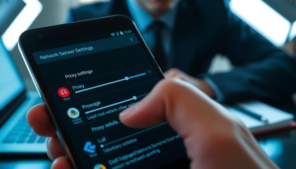 A close-up view of an Android smartphone's screen displaying proxy server settings. The foreground features vibrant icons and sliders representing network options, with the Proxy settings section highlighted. In the middle ground, a soft-focus overlay of a user’s hand, gripping the phone, wearing formal black business attire. The background includes a blurred tech-themed workspace with a laptop and notepads, illuminated by cool white lighting that conveys a professional atmosphere. The scene is captured from a slight angle, giving depth to the image while maintaining clarity on the screen content. The overall mood is focused and analytical, suitable for exploring Android troubleshooting. A close-up view of an Android smartphone's screen displaying proxy server settings. The foreground features vibrant icons and sliders representing network options, with the Proxy settings section highlighted. In the middle ground, a soft-focus overlay of a user’s hand, gripping the phone, wearing formal black business attire. The background includes a blurred tech-themed workspace with a laptop and notepads, illuminated by cool white lighting that conveys a professional atmosphere. The scene is captured from a slight angle, giving depth to the image while maintaining clarity on the screen content. The overall mood is focused and analytical, suitable for exploring Android troubleshooting.